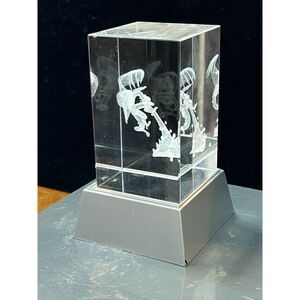 Vintage Laser Cut Etched Crystal Glass Cube Paper Weight W/lighted stand